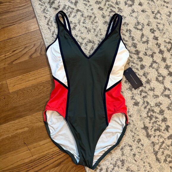 TOMMY HILFIGER {NWT} Women's Colorblock One Piece Swimsuit | 10 | 'Military' - Picture 1 of 7